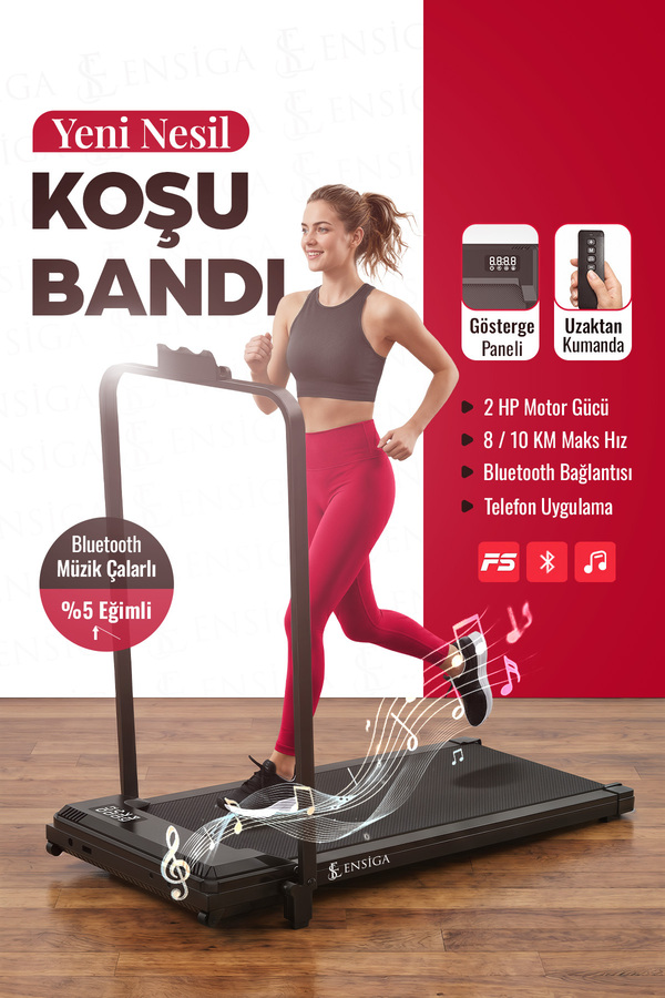EN SİGA Yeni Nesil Bluetoothlu Koşu Bandı %5 Eğimli Müzik Çalarlı 8/10 Km Hız 2 Hp Motor Kumandalı