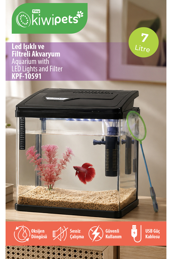 Tiny Kiwipets Tiny Kiwi Pets KPF-10591 Led Işıklı ve Filtreli Akvaryum - Şeffaf / Siyah