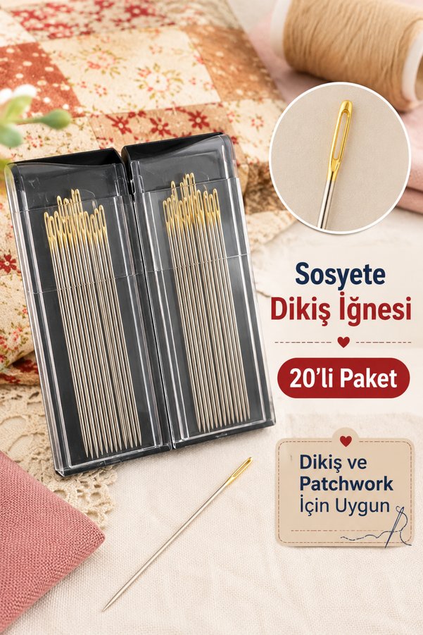 LİVA CRAFT Art & Craft Sosyete Dikiş İğnesi Altın Başlı İri Delikli İğne 20 Adet