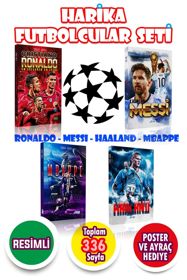 Harika Kitap Harika Futbolcular Seti 4 Kitap + 4 Poster Ronaldo - Messi - Haaland - Mbappe 336 Sayfa Resimli