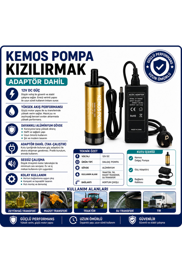 Kemos Kızılırmak 220-12 Volt Dalgıç Adaptörlü Mazot Aktarma(Sıvı Transfer) Pompası