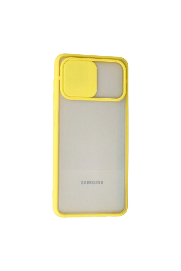 Evi̇mdeyokyok Samsung Galaxy A12 Kılıf Palm Buzlu Kamera Sürgülü Si̇li̇kon - Sarı