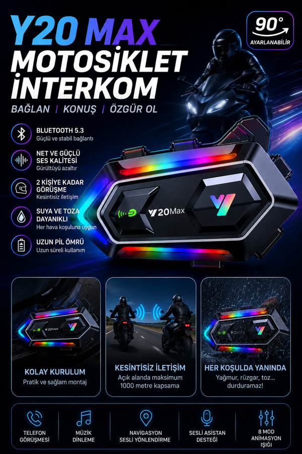 nextbuy Y20MAX İki Kişi Bağlantılı Telsiz Özellikli 5.3 Motosiklet Kask Kulaklık RGB Işıklı Su Geçirmez Motorcu Interkom