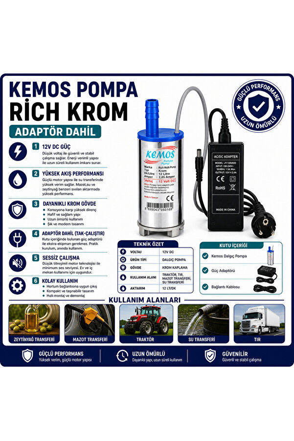 Kemos 220-12 Volt Ri̇ch Krom Dalgıç Adaptörlü Mazot Aktarma(Sıvı Transfer) Pompası