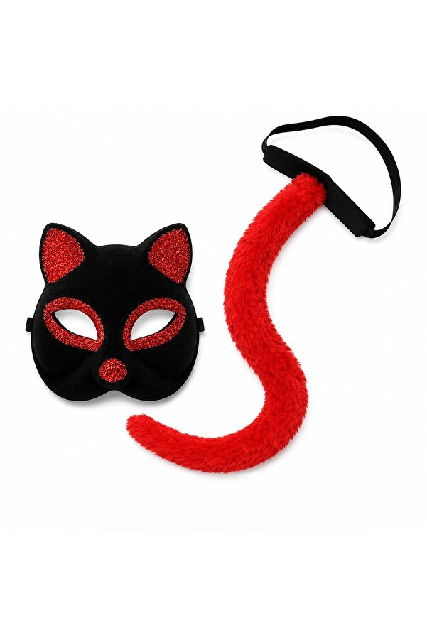 Evi̇mdeyokyok Kırmızı Kedi̇ Maske Ve Kuyruk Seti̇ Parti̇ Kostüm Aksesuarı