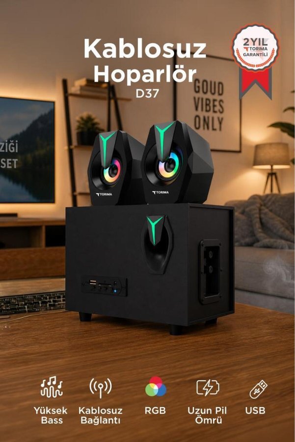 Torima Bilgisayar Hoparlörü Rgb Işıklı 2IN1 Subwoofer Bluetooth Hoparlör Speaker D37 Siyah