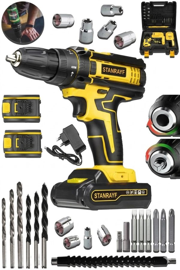 stanrayf Alman V-tech DG24 Çift Çelik Şanzıman Bakır Sargılı Çift Akülü Şarjlı Vidalama Matkap Seti