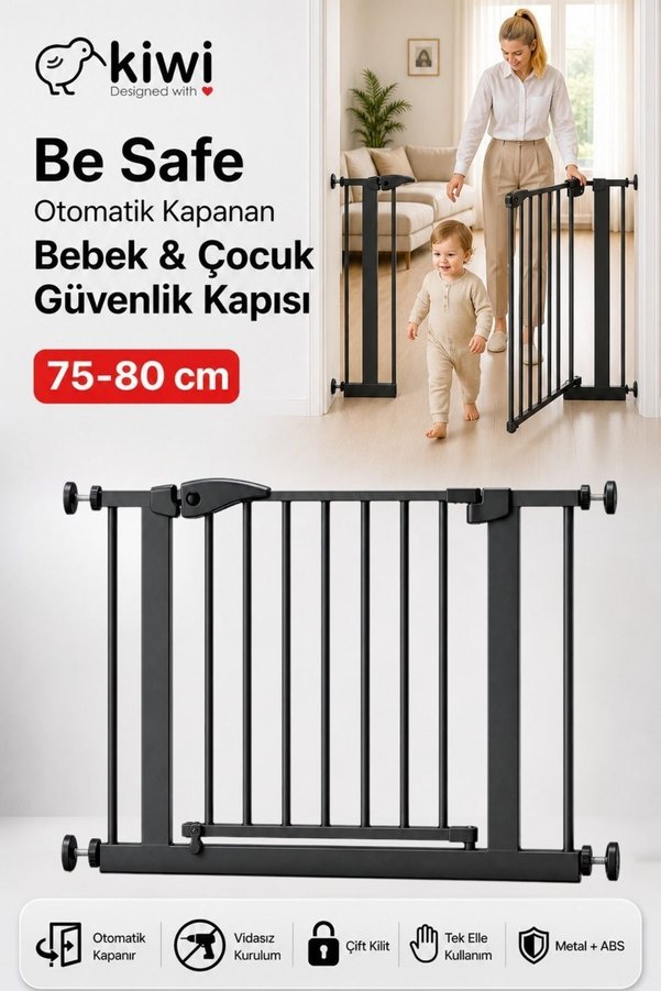 Kiwi Be Safe Bebek Güvenlik Kapısı 75-80 cm Aralığı için Uygun - Çocuk Emniyet Kapısı- Antrasit