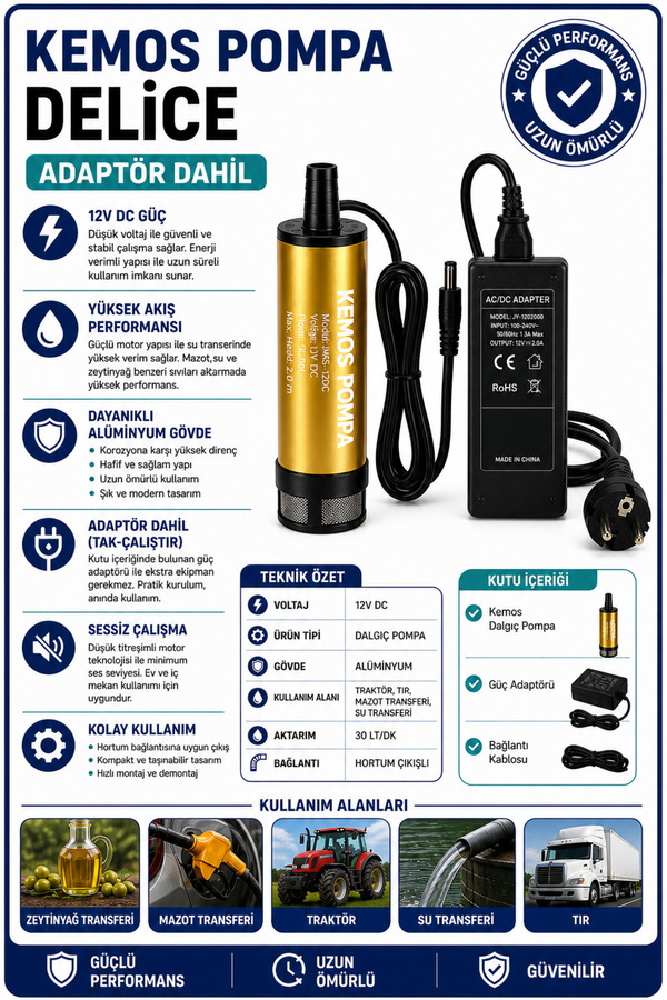 Kemos Deli̇ce 220-12 Volt Dalgıç Adaptörlü Mazot Aktarma(Sıvı Transfer) Pompası