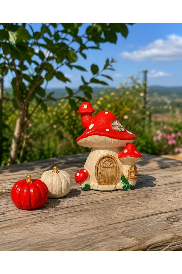 SEMY STORE Şirinler Evi ve 2 Minik Kabaklı Dekoratif Set. Ev Dekorasyon Biblo Tasarım Masalsı Obje
