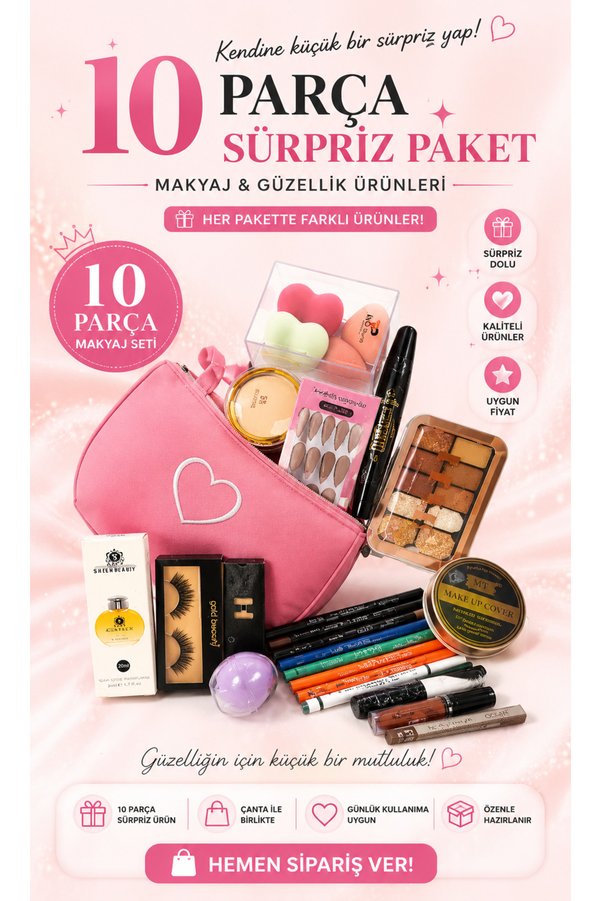 MAQYA KOZMETİK Kadınlara Özel 10 Farklı Ürün Makyaj Seti/far/maskara/ruj/makyaj fırçası/eyeliner