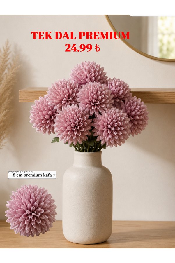 Lilac Home Yapay Çiçek Tek Dal Premium Krizantem Dalı Pudra Pembe
