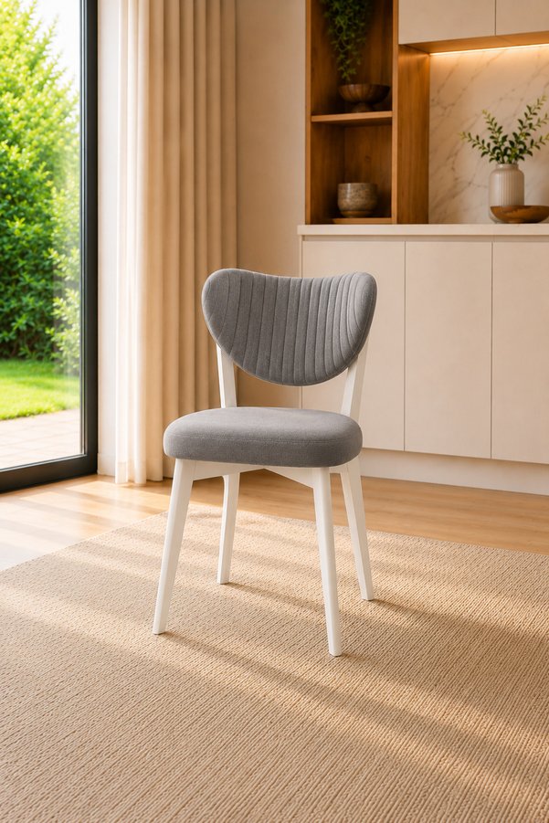 formood Mutfak Sandalyesi Modern Gri Kumaş Salon Sandalyesi Beyaz Ayak Elma Model