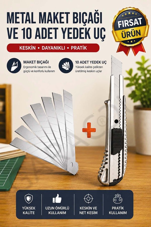 garaccu Metal Profesyonel Maket Bıçağı Falçata Ve 10 Adet Yedek Bıçak Büyük Boy - Fırsat Ürün