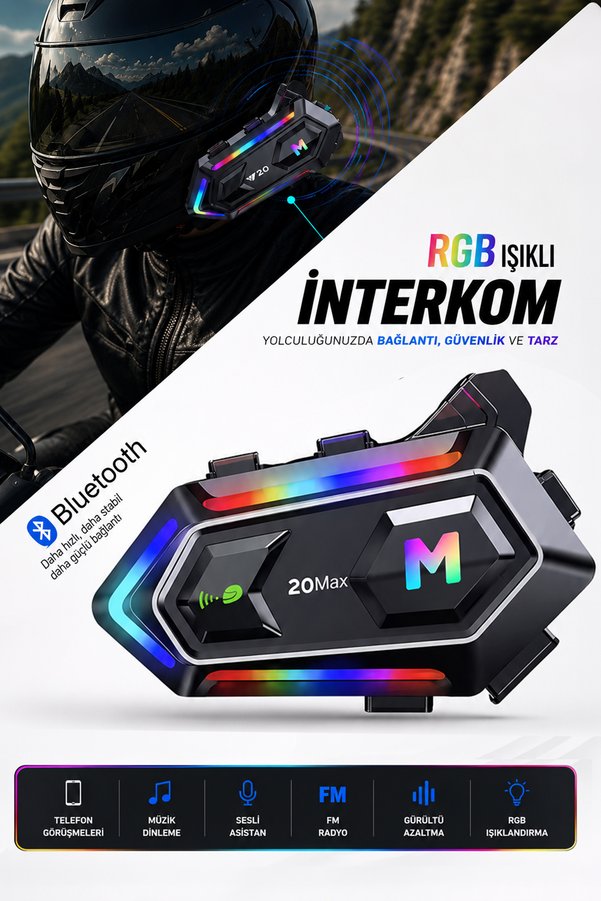 mimtec RGB Işıklı Bluetooth 5.3 Interkom - Su Geçirmez Müzik Çalar Motosiklet Kask İçi Kulaklık Intercom