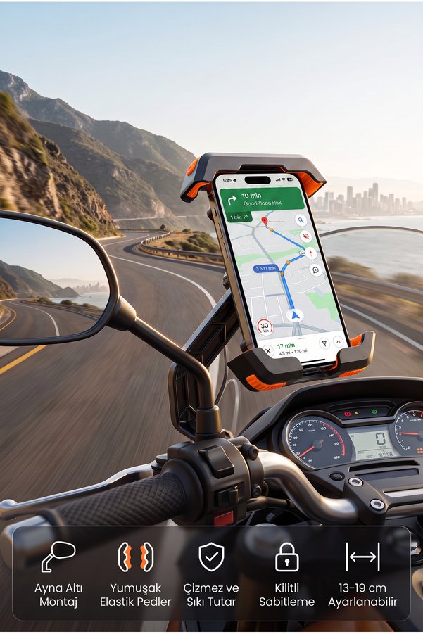 omitech Motosiklet Telefon Tutucu Ayna Bağlantılı 360° Döner Sıkı Kilitli Universal Scooter Bisiklet Telefon Tutucu