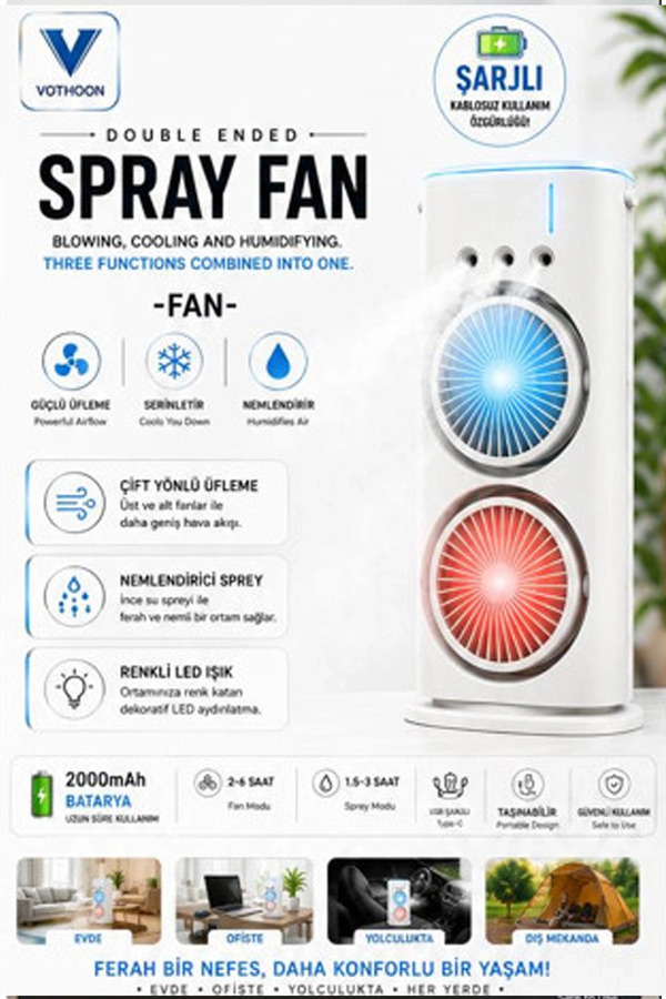 Evi̇mdeyokyok Çi̇ft Başlıklı Sprey Fan Nemlendi̇ri̇ci̇ Ve Renkli̇ Led Işıklı Beyaz