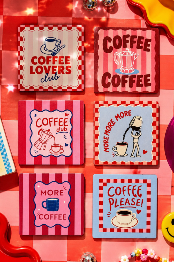 BYC TÜRKİYE Coffee Time 6’lı Kare Bardak Altlığı Seti 9 cm MDF 3 mm UV Dijital Baskı