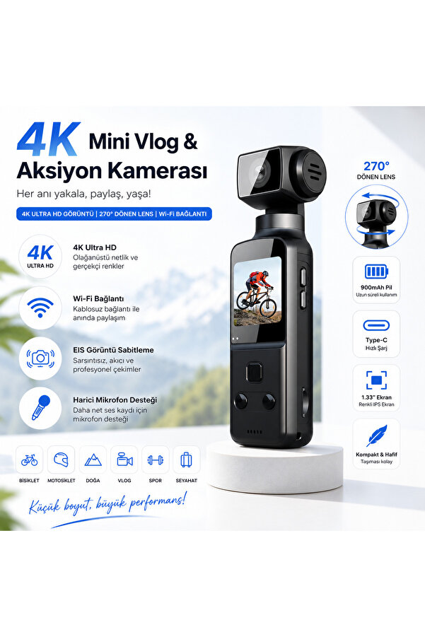TARÇIN 4K Ultra HD Mini Aksiyon Kamerası | Wi-Fi 270° Döner Lens EIS Stabilizasyon
