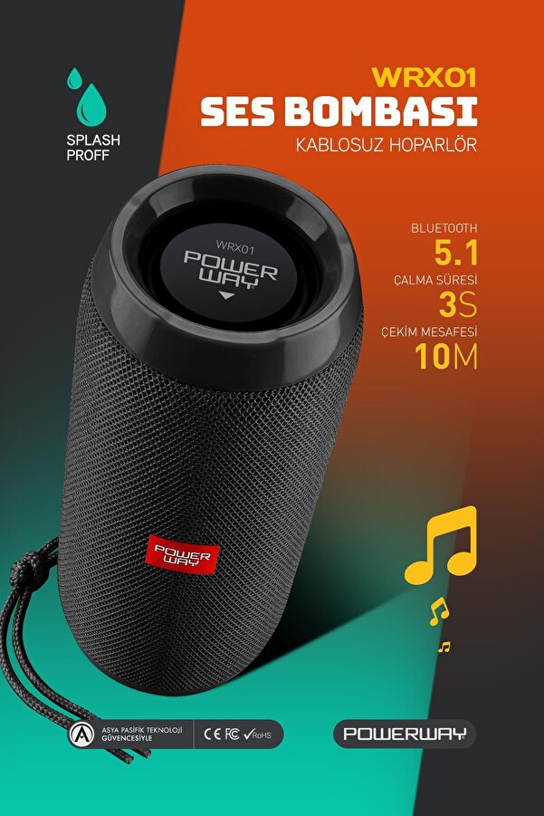 POWERWAY WRX01 90 dB SD Kart Aux Usb Girişli Siyah Kablosuz Bluetooth Speaker Hoparlör Ses Bombası FM Radyo