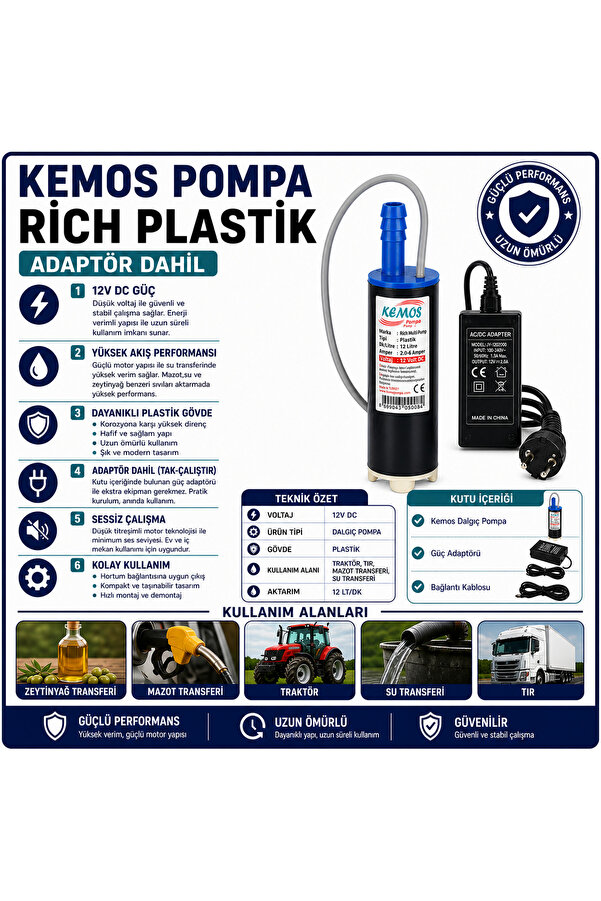 Kemos 220-12 Volt Ri̇ch Plasti̇k Dalgıç Adaptörlü Mazot Aktarma(Sıvı Transfer) Pompası