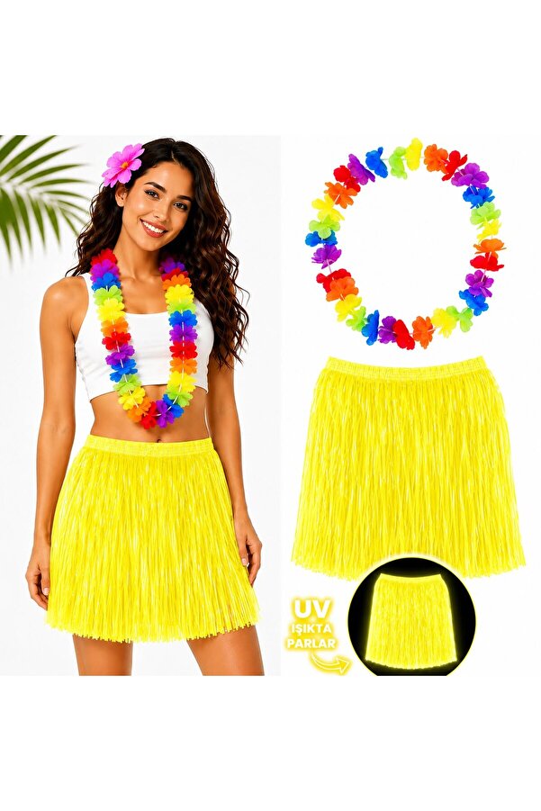 Evi̇mdeyokyok Neon Sarı Hawai̇i̇ Etek 40 Cm Ve Rengarenk Hawai̇i̇ Kolye
