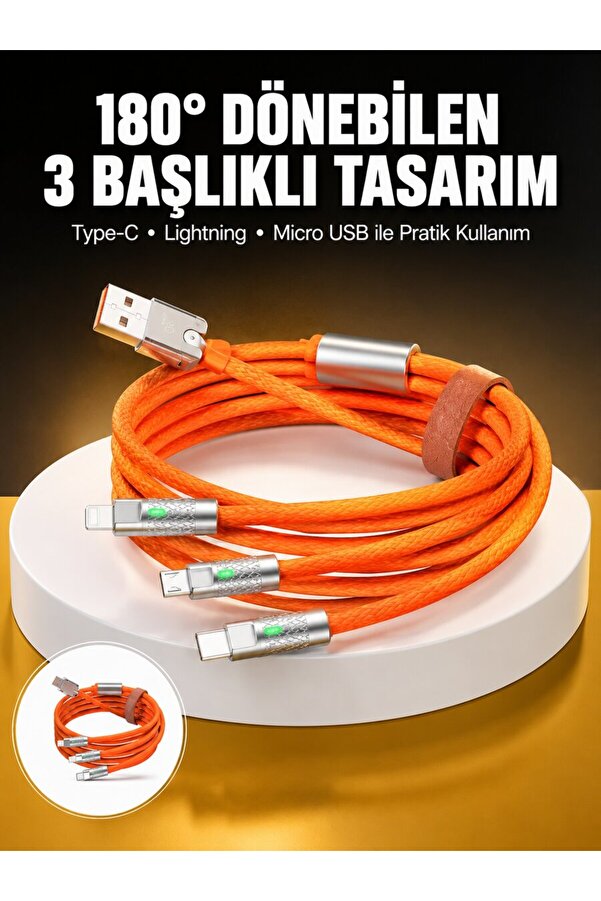 Ethab Gi̇yi̇m 120W 3 İn 1 Uyumlu Si̇li̇kon Şarj Kablosu Hızlı Şarj Kablosu - Glst1279-3987
