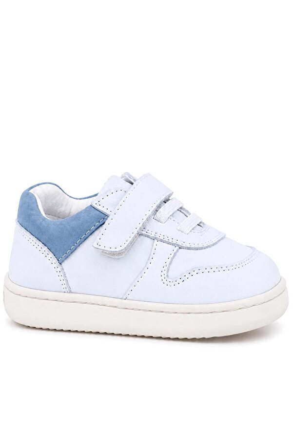 Ortopedi̇kalrakerplus R840-Benma % 100 Deri̇ Beyaz Nubuk Mavi̇ Cırtlı Bebek Sneaker Ayakkabı