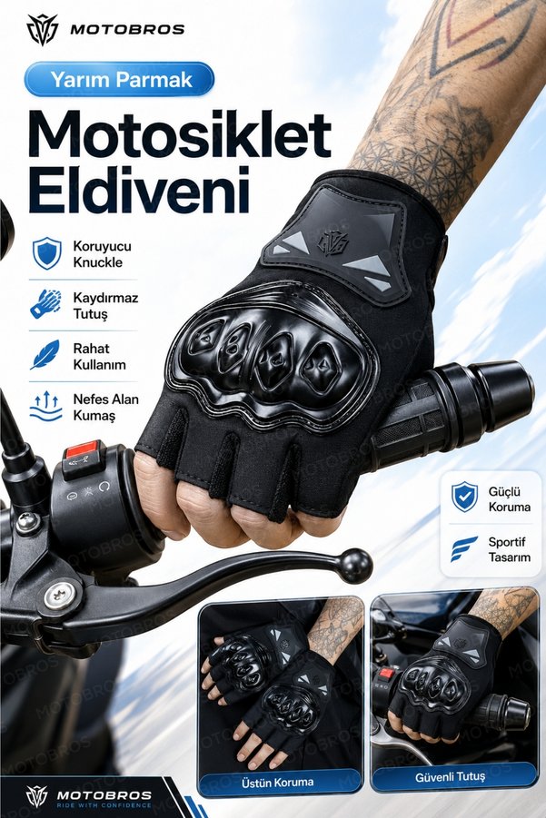 Motobros Motorcu Eldiveni Parmaksız Motosiklet Eldiveni CE EN-13594 Sertifikalı JK Siyah Yazlık Yarım Kaydırmaz