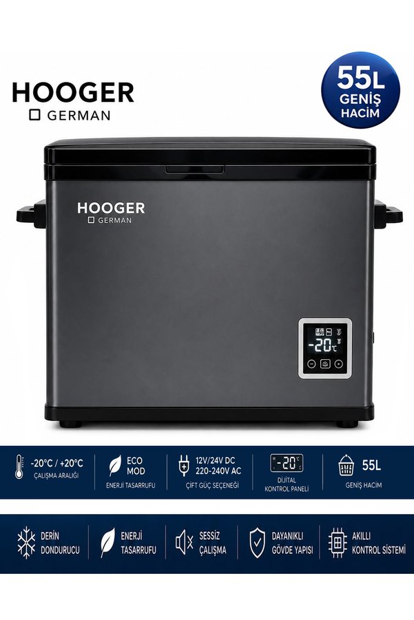 Hooger German EA 55 LTX New Series Geniş Kabin Dijital Led Ekran Oto Kamp Buzdolabı 12-24 Volt -20 Derece Hızlı Soğutma