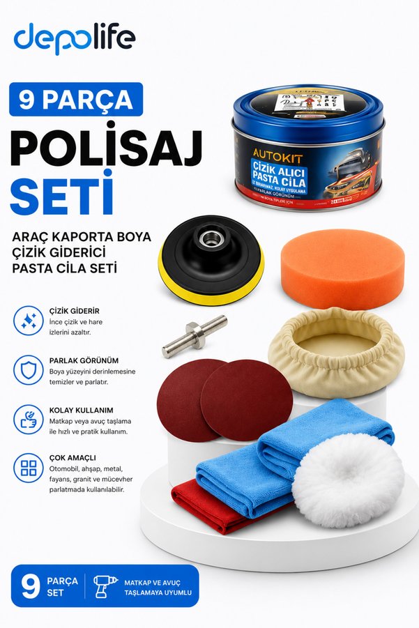 Depolife Araç Kaporta Boya Tampon Cizik Giderici Pasta Cila Seti Boya Temizleme Parlatma Polisaj Seti Matkap