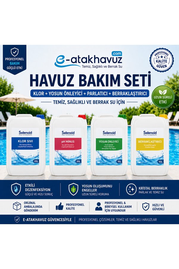 WTR e-atakhavuz-Selenoid Havuz Bakım Seti Sıvı Klor +Sıvı Ph Düşürücü +Yosun Önleyici +Parlatıcı