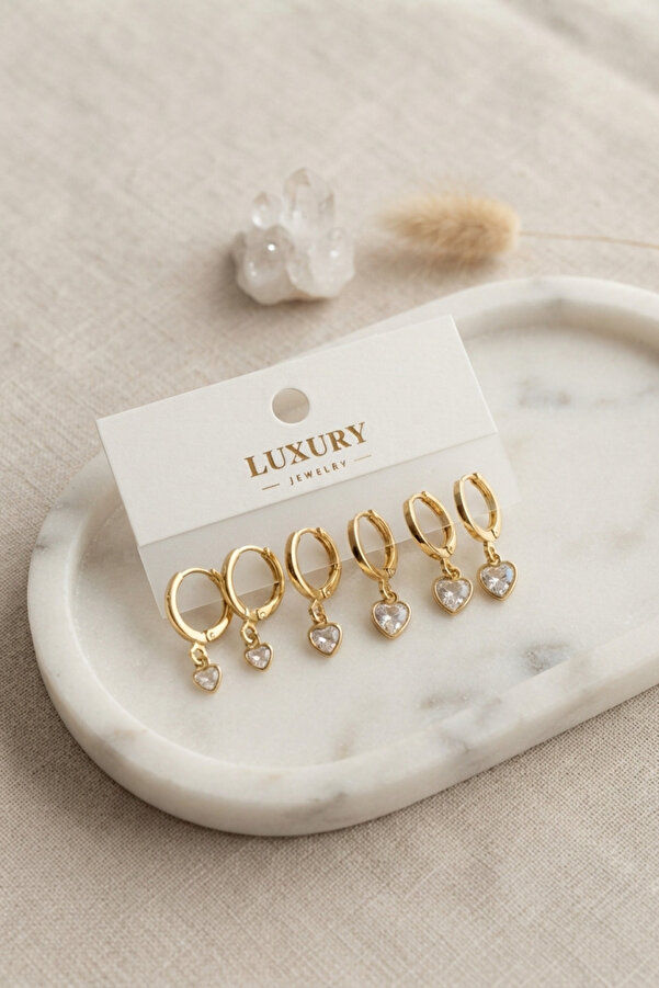 Evi̇mdeyokyok Kalp Zi̇rkon Taşlı Gold Renk Pi̇ri̇nç Set Küpe Tj-Bkp11990