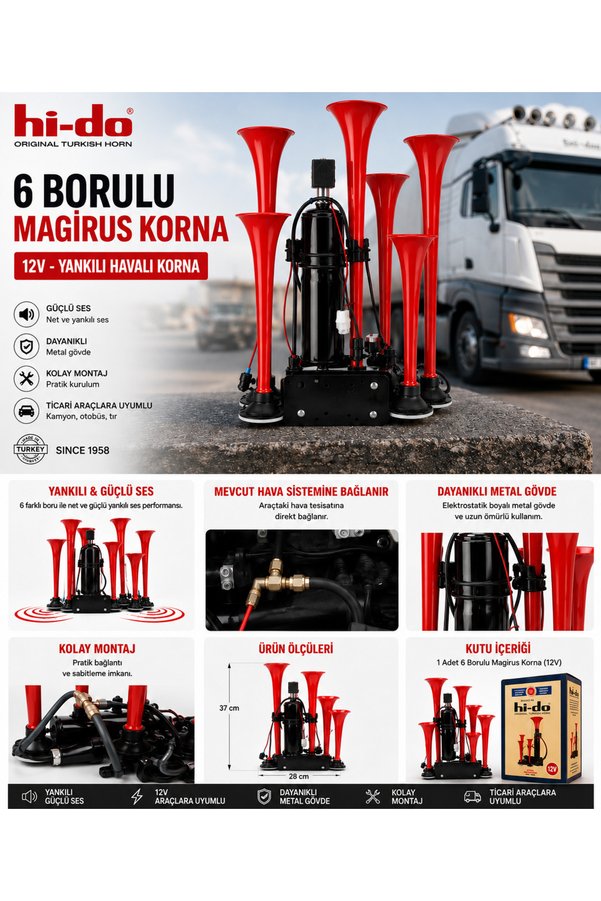 HIDO Hi-do 12V 6 Borulu Yankılı Da Dan Havalı Magirus Korna | Kamyonet Pikap Minibüs Otobüs Uyumlu