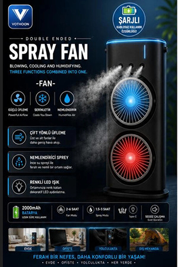 Evi̇mdeyokyok Çi̇ft Başlıklı Sprey Fan Nemlendi̇ri̇ci̇ Ve Renkli̇ Led Işıklı Si̇yah