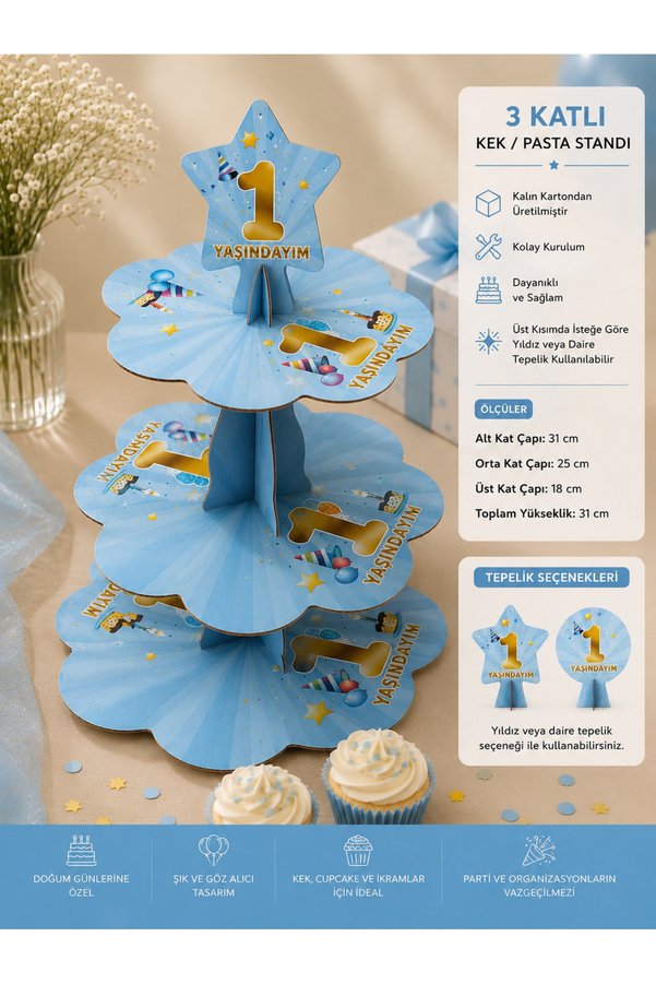 essen party 1 Yaş Mavi 3 Katlı Karton Kek Cupcake Pasta Standı 31 cm Doğum Günü Sunum Standı