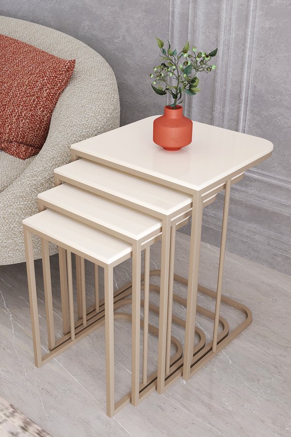 MASALCI MOBİLYA Tokyo 4 LÜ Zigon Sehpa Cappucino Ayak-Krem MDF Mebran Ahşap