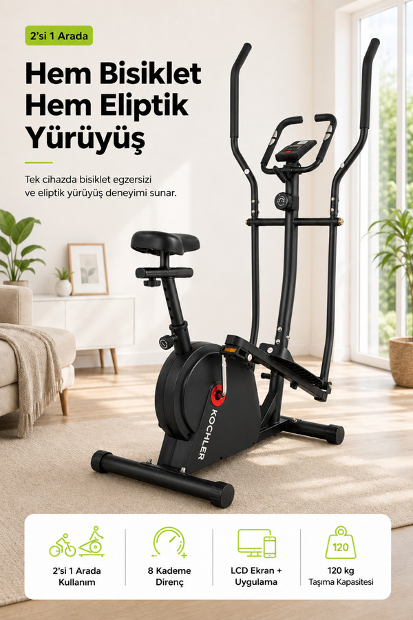 kochler Flexi 2'si 1 Arada Eliptik Kondisyon Bisikleti – Nabız Ölçerli 8 Kademeli Dirençli Egzersiz Aleti