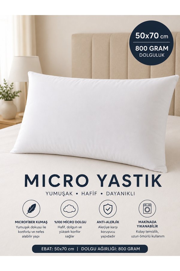 Yamesa 50x70 cm 1 Adet Yastık – %100 Silikon Elyaf Dolgu 800 Gram Yumuşak Nefes Alabilir Terletmez