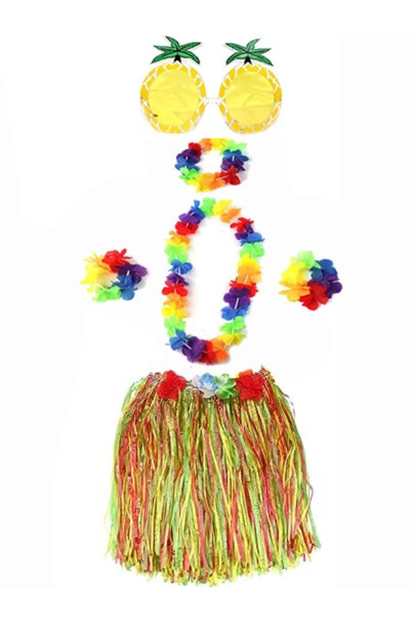 Evi̇mdeyokyok Yeti̇şki̇n Ve Çocuk Uyumlu Luau Aloha Hawai̇i̇ Rengarenk 40 Cm Etek Ananas Şeki̇lli̇ Gözlük Hawai̇i̇ Kolye Renkli̇ Taç Ve 2 Adet Bi̇lekli̇k Seti̇