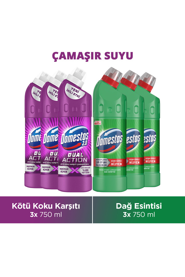 Domestos Dual Action Kötü Koku Karşıtı 750 ml x3 Çamaşır Suyu Dağ Esintisi 750 ml x3