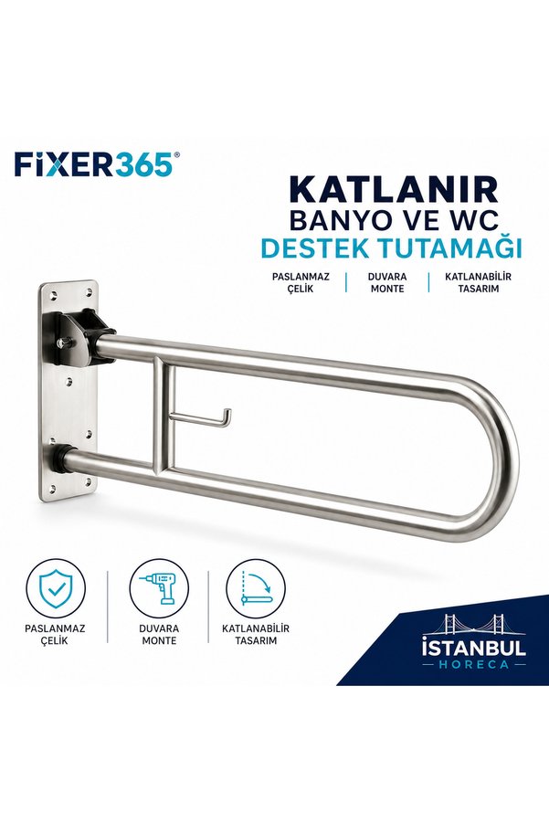 Fixer365 Yaşlı Hasta Engelli Paslanmaz Hareketli Mafsallı WC Kağıtlıklı Klozet Yanı Tutunma Barı Katlanır Banyo ve WC Destek Tutamağı
