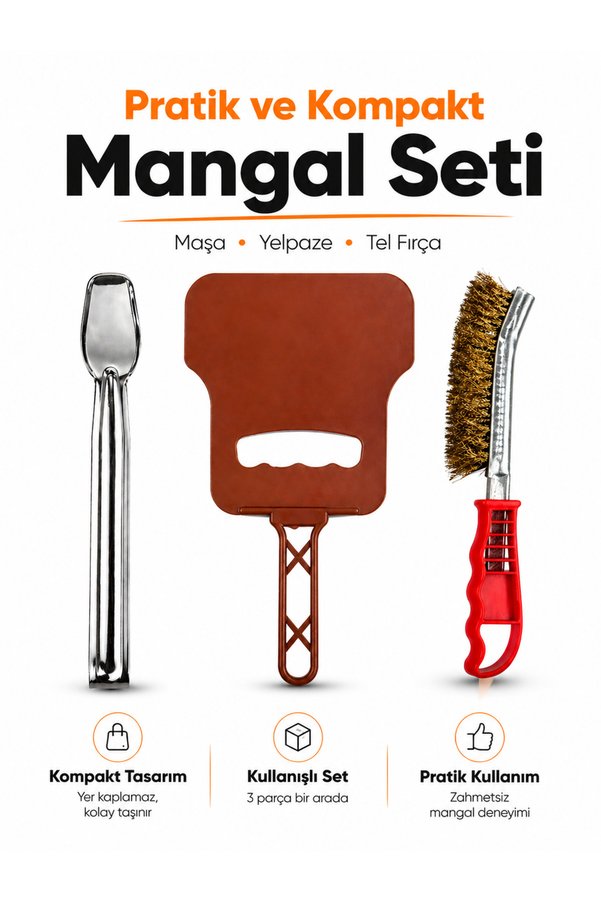 Kampavm 3 Parça Mangal Seti Maşa Yelpaze Tel Fırça Barbekü Seti