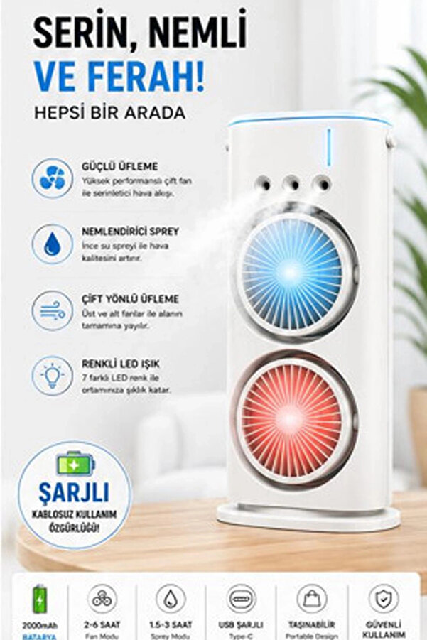 Evi̇mdeyokyok Çi̇ft Başlıklı Sprey Fan Nemlendi̇ri̇ci̇ Ve Renkli̇ Led Işıklı Beyaz