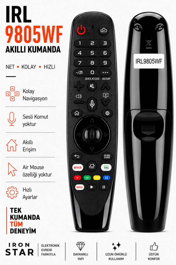 LG Akıllı TV kumandası / Universal akıllı kumanda / Smart TV kumandası / televizyon kumandası / Android TV uyumlu kumanda / oled kumanda / qled kumanda / qned kumanda / IRL9805WF