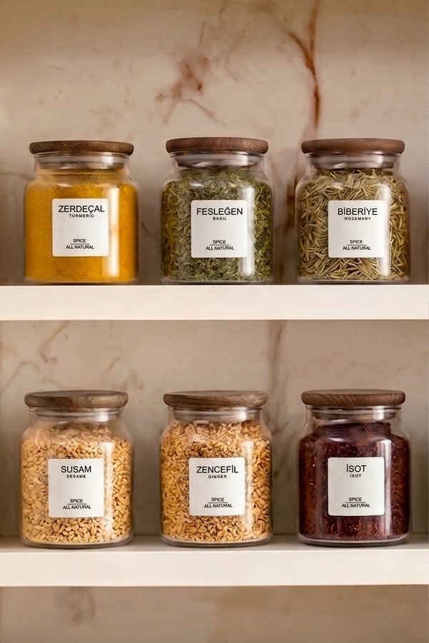 Kitchen Life 6'lı Akasya Kapaklı Etiketli Cam Baharatlık Takımı Kavanoz 290 ml