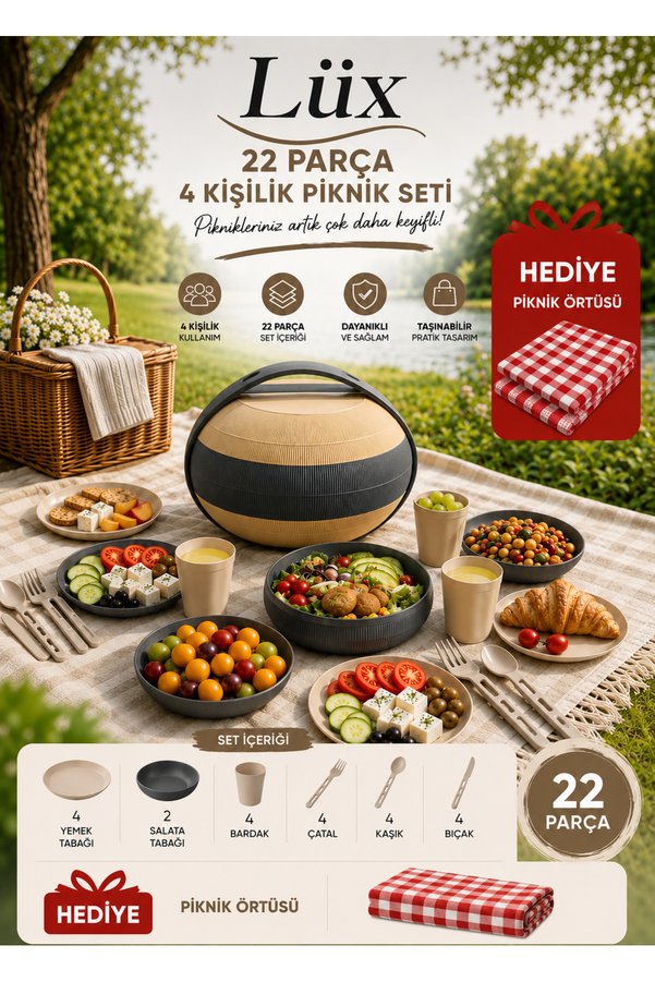 BEST CONCEPT 22 Parça Piknik Seti 4 Kişilik ve Taşınabilir Kamp & Piknik Sofra Seti
