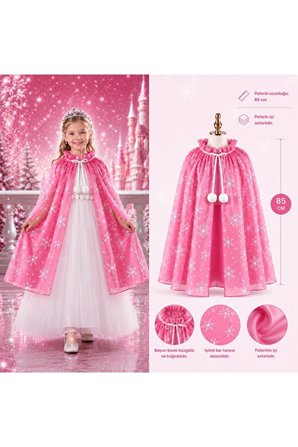 Evi̇mdeyokyok Kar Tanesi̇ Desenli̇ Pembe Elsa Peleri̇ni̇ - Astarlı Frozen Peleri̇ni̇ 85 Cm