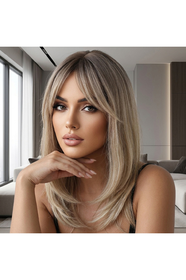 Ethab Ti̇caret Düz Kısa Perçemli̇ Fi̇ber Senteti̇k Peruk / Kumral / Küllü Bej Sarı Ombre Ve Röfleli̇