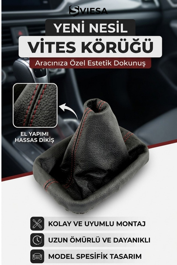 Sviesa Vites Körüğü Kırmızı Dikişli Deri - Tüm Araçlarla Uyumlu Siyah Vites Kılıfı Vites Körük